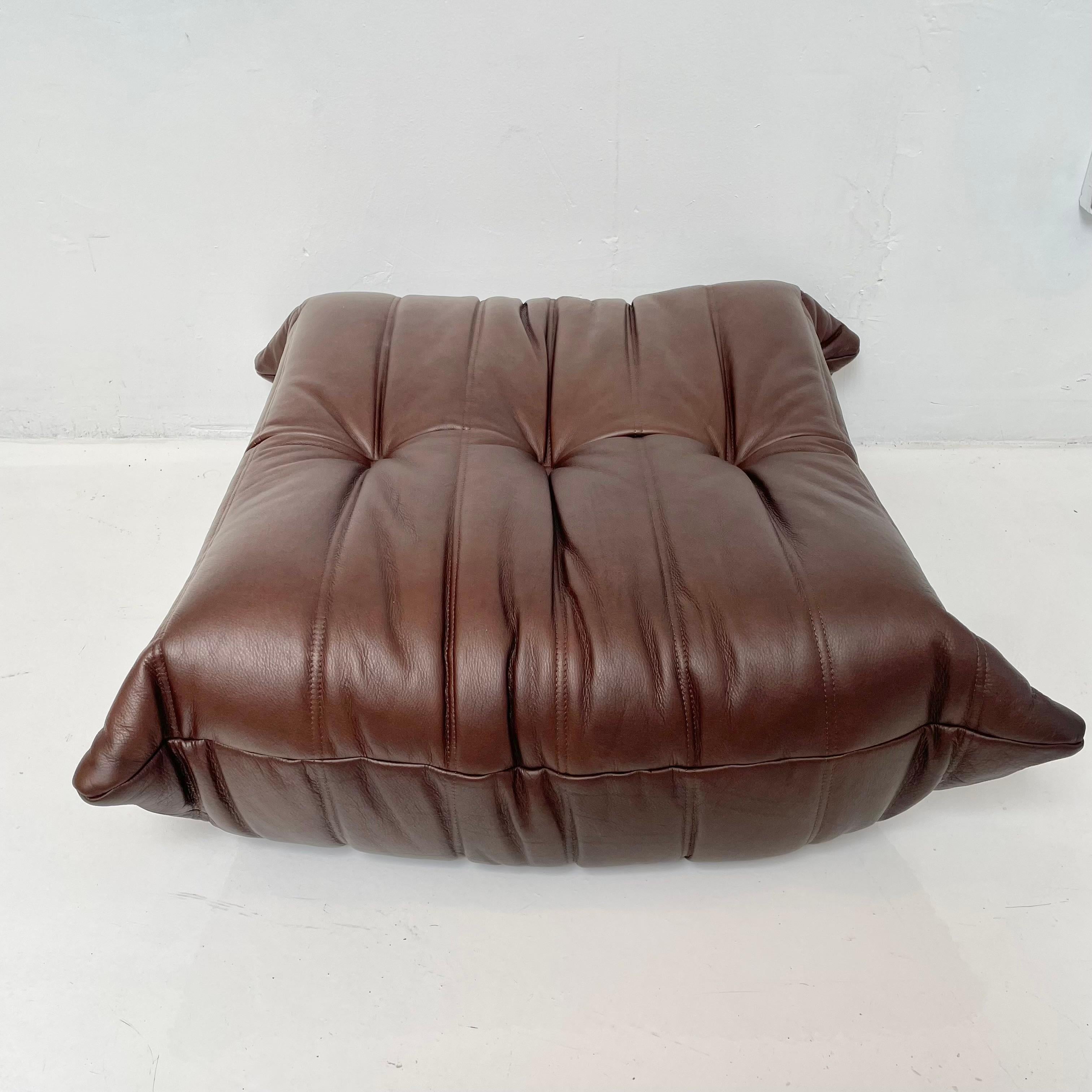 20th Century Brown Leather Togo Ottoman by Ligne Roset, 1980s France