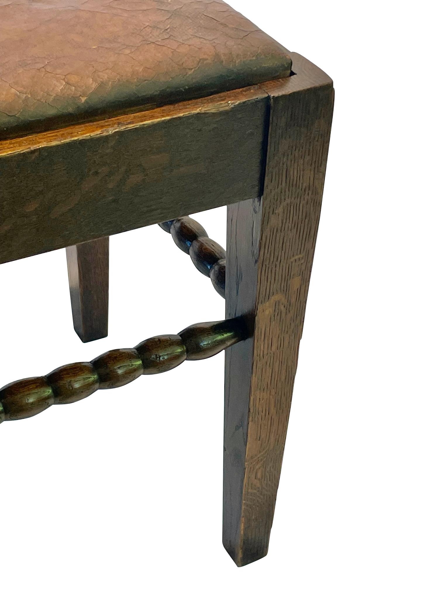 French Brown Leather Top Oak Wood Stool, France, 1930s For Sale