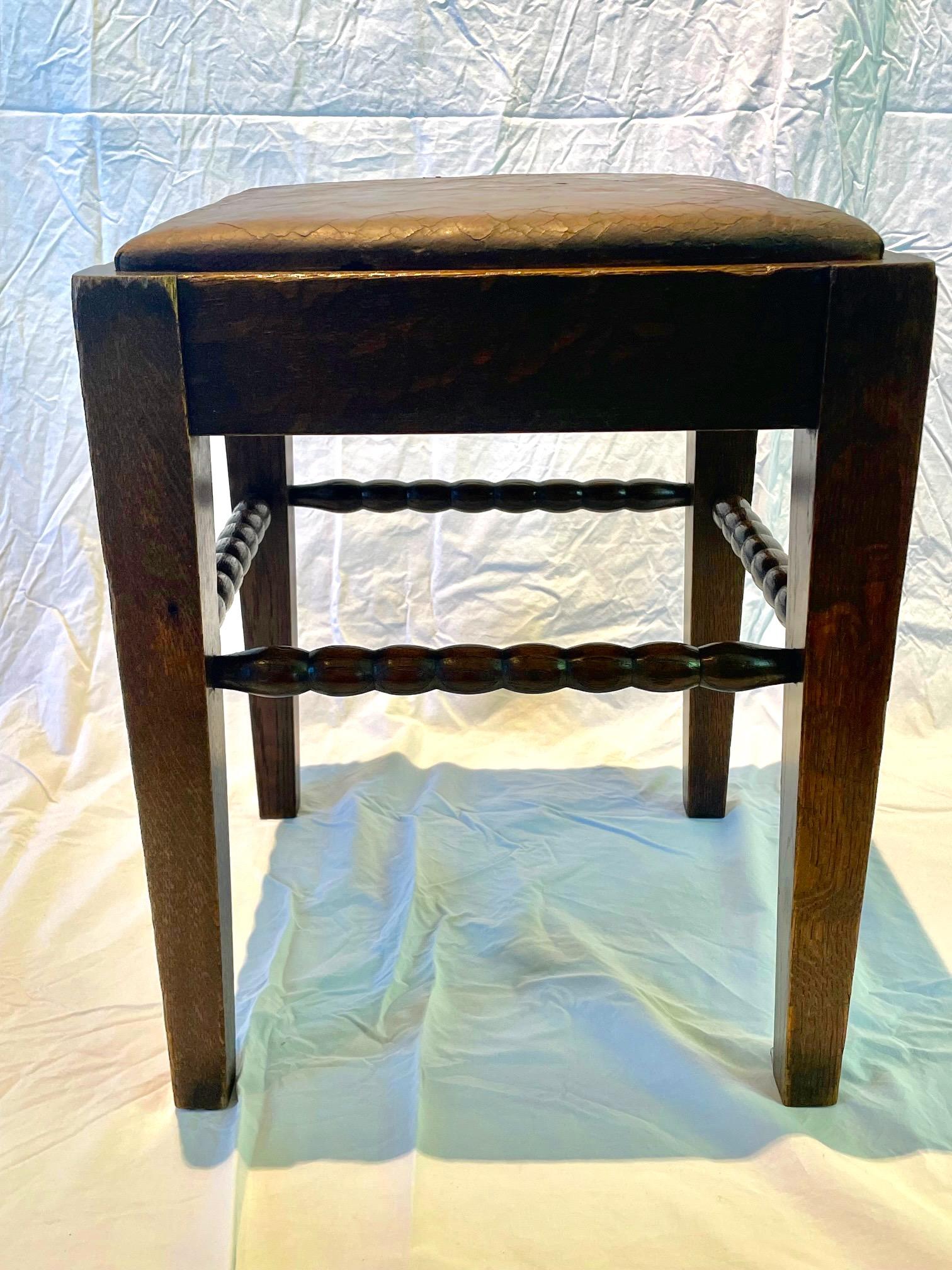 Brown Leather Top Oak Wood Stool, France, 1930s For Sale 1