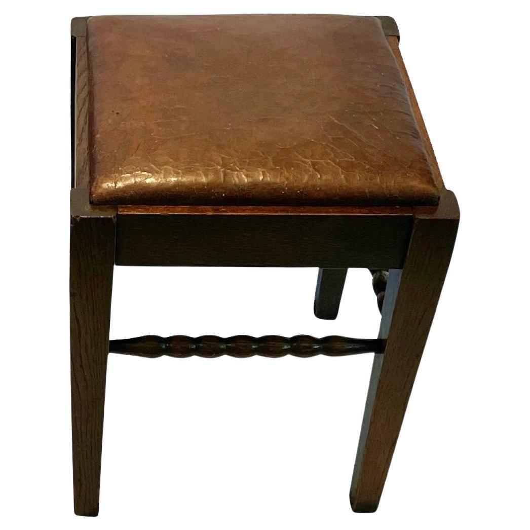 Brown Leather Top Oak Wood Stool, France, 1930s For Sale