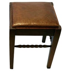 Brown Leather Top Oak Wood Hocker, Frankreich, 1930er Jahre