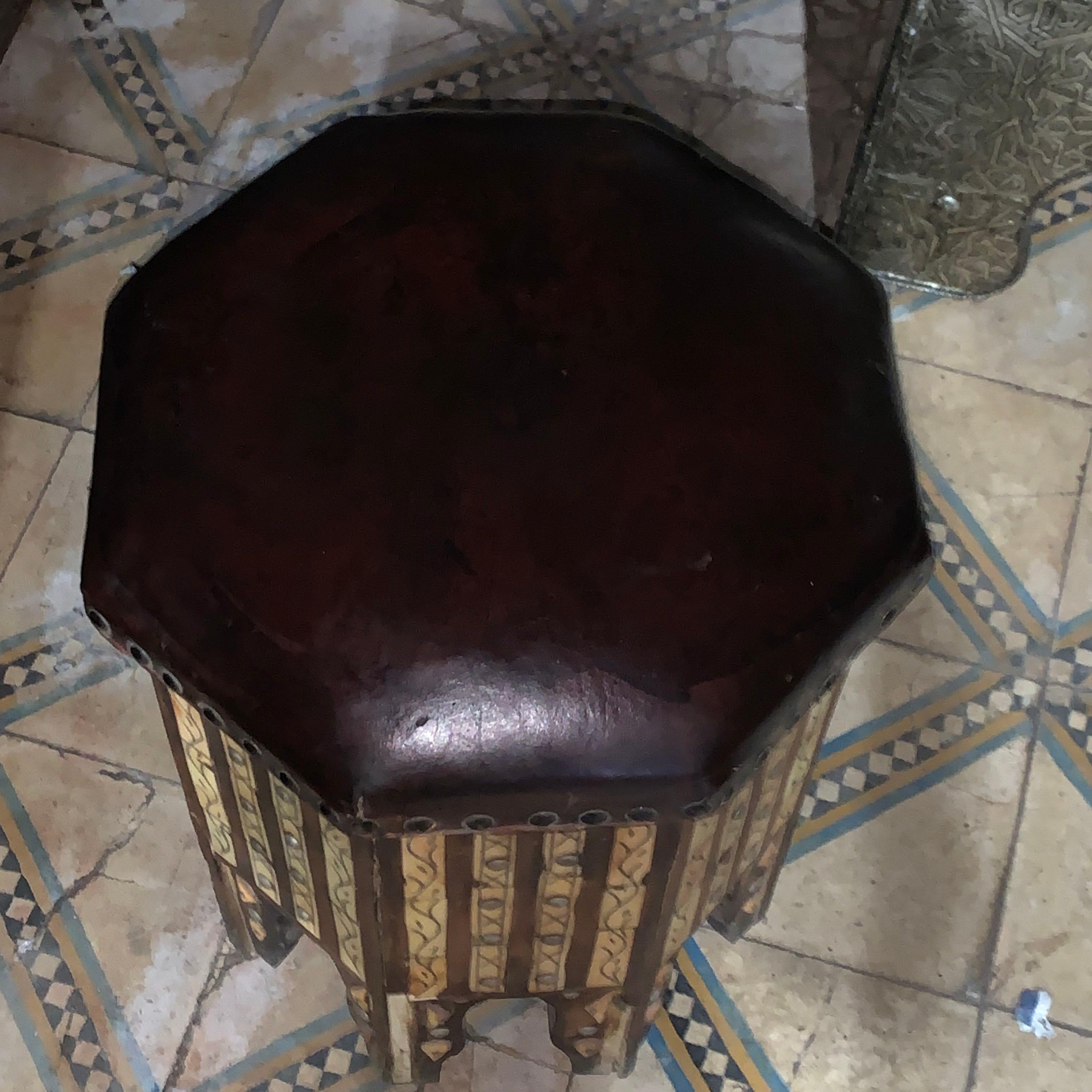 Moroccan Brown Leather Top, Octagonal Shaped Decorative Design Stool, Morocco, Midcentury For Sale
