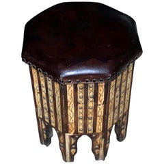 Vintage Brown Leather Top, Octagonal Shaped Decorative Design Stool, Morocco, Midcentury