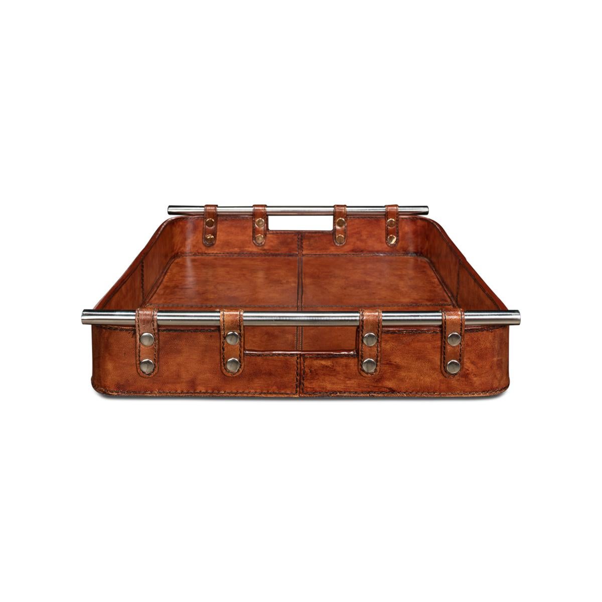 American Classical Brown Leather Tray For Sale