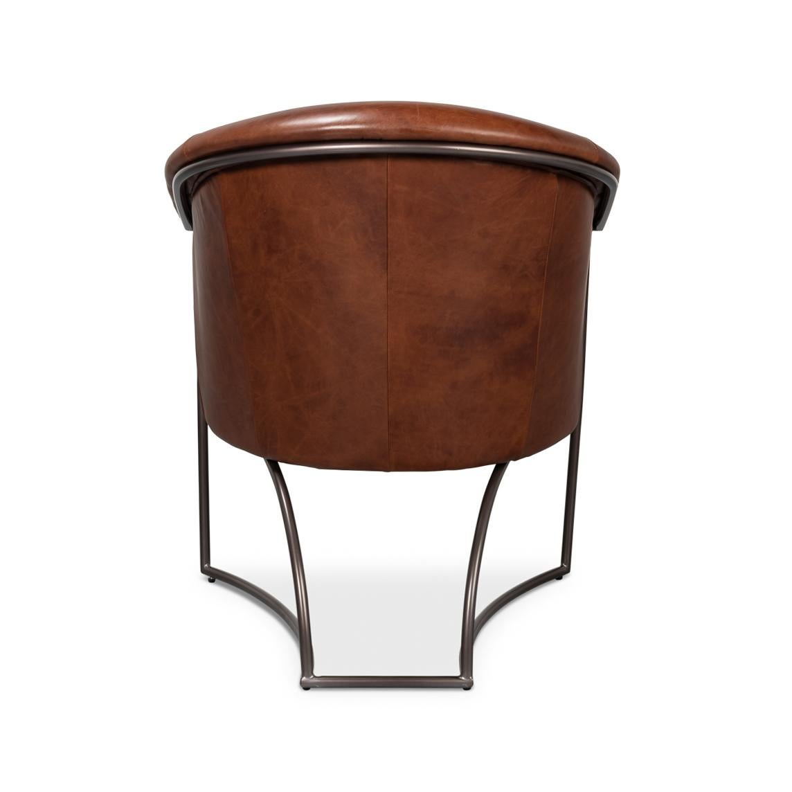 Asian Brown Leather Tub Chair For Sale