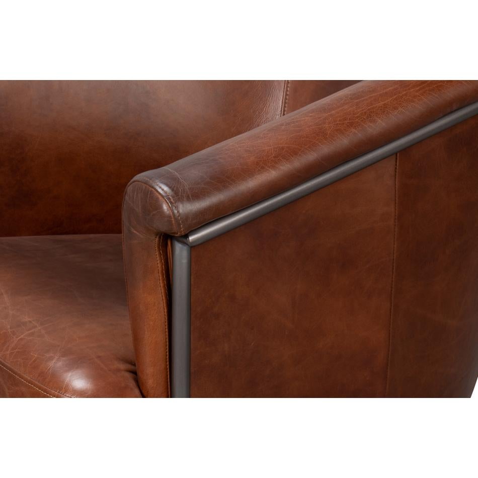 Contemporary Brown Leather Tub Chair For Sale