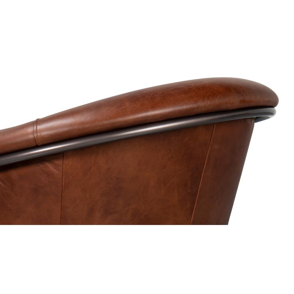 Metal Brown Leather Tub Chair For Sale