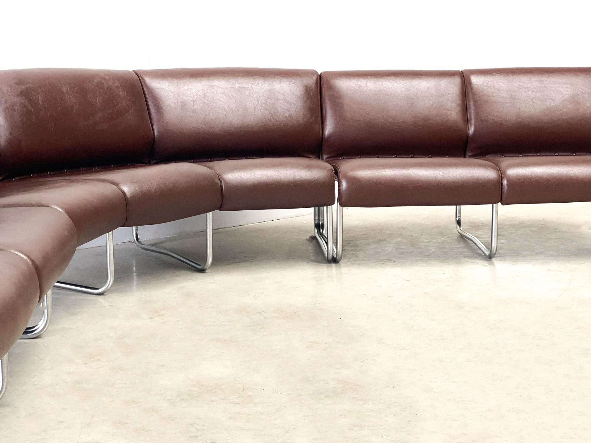Brown leather tubular modular sofa For Sale 1