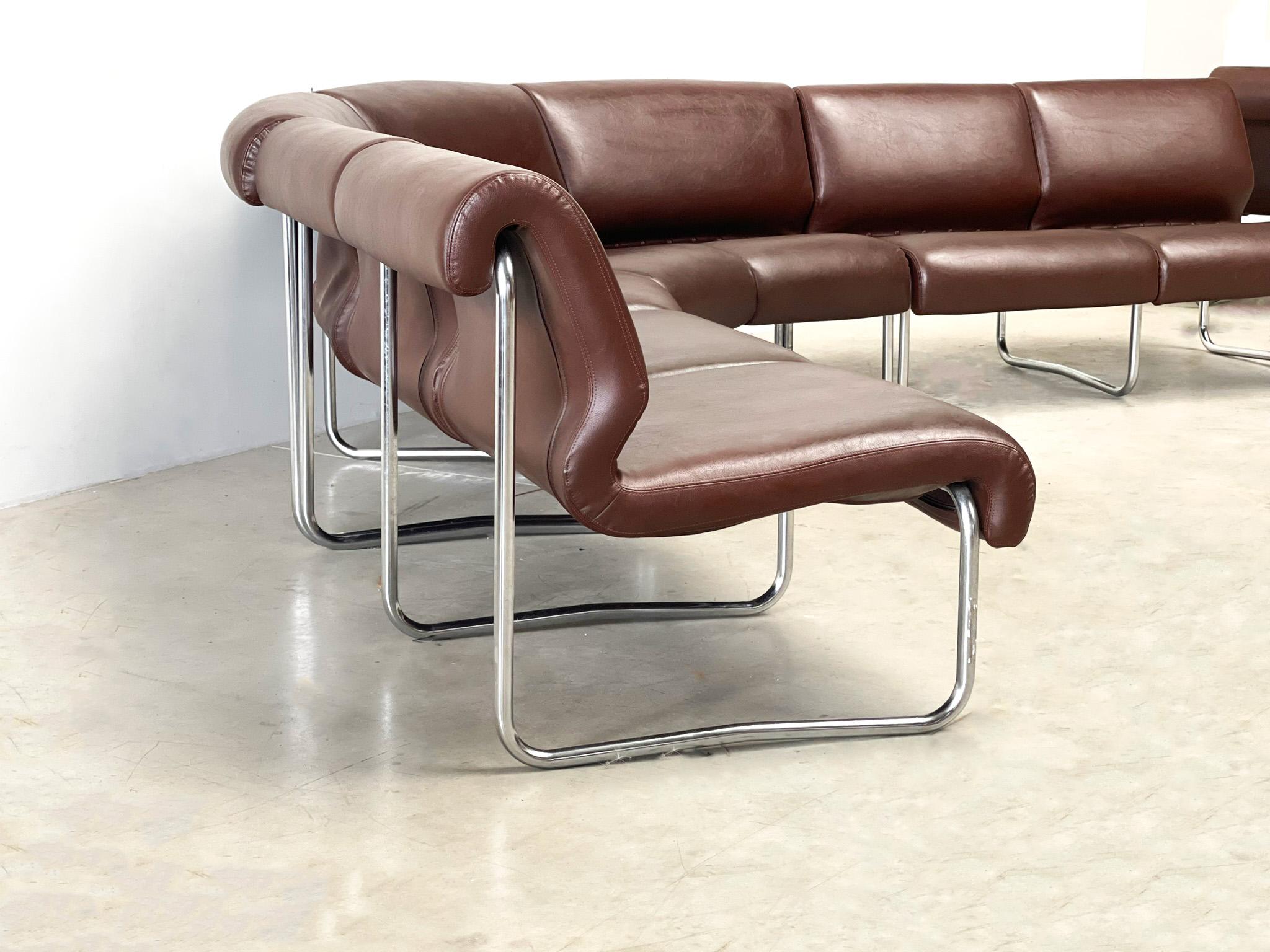 Brown leather tubular modular sofa For Sale 2