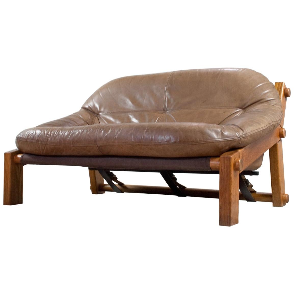 Brown Leather Two-Seat Brutalist Sofa by Gerard Van Den Berg, Montis, 1970s