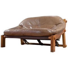 Brown Leather Two-Seat Brutalist Sofa by Gerard Van Den Berg, Montis, 1970s
