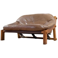 jess beeken Brown Leather Two-Seat Brutalist Sofa by Gerard Van Den Berg, Montis, 1970s