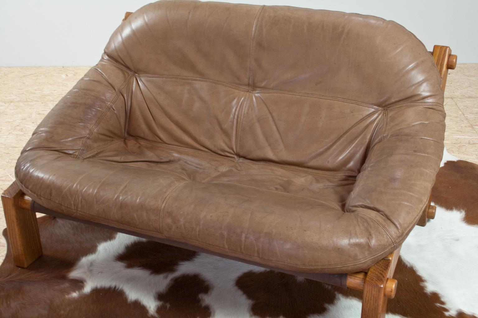 Mid-Century Modern Brown Leather Two-Seat Brutalist Sofa by Gerard Van Den Berg, Montis, 1970s