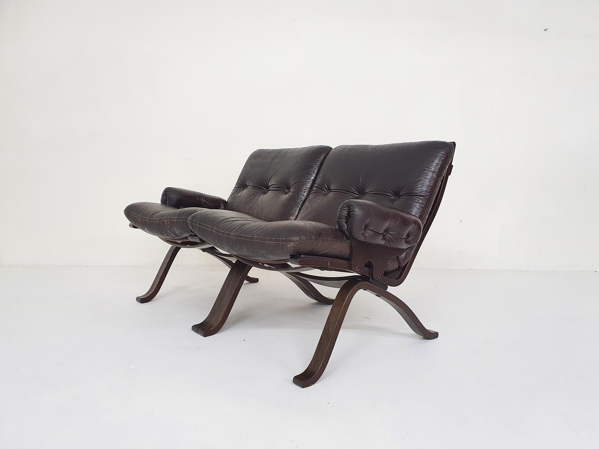 Mid-Century Modern Brown Leather Two-Seater Sofa, Norway 1970's For Sale