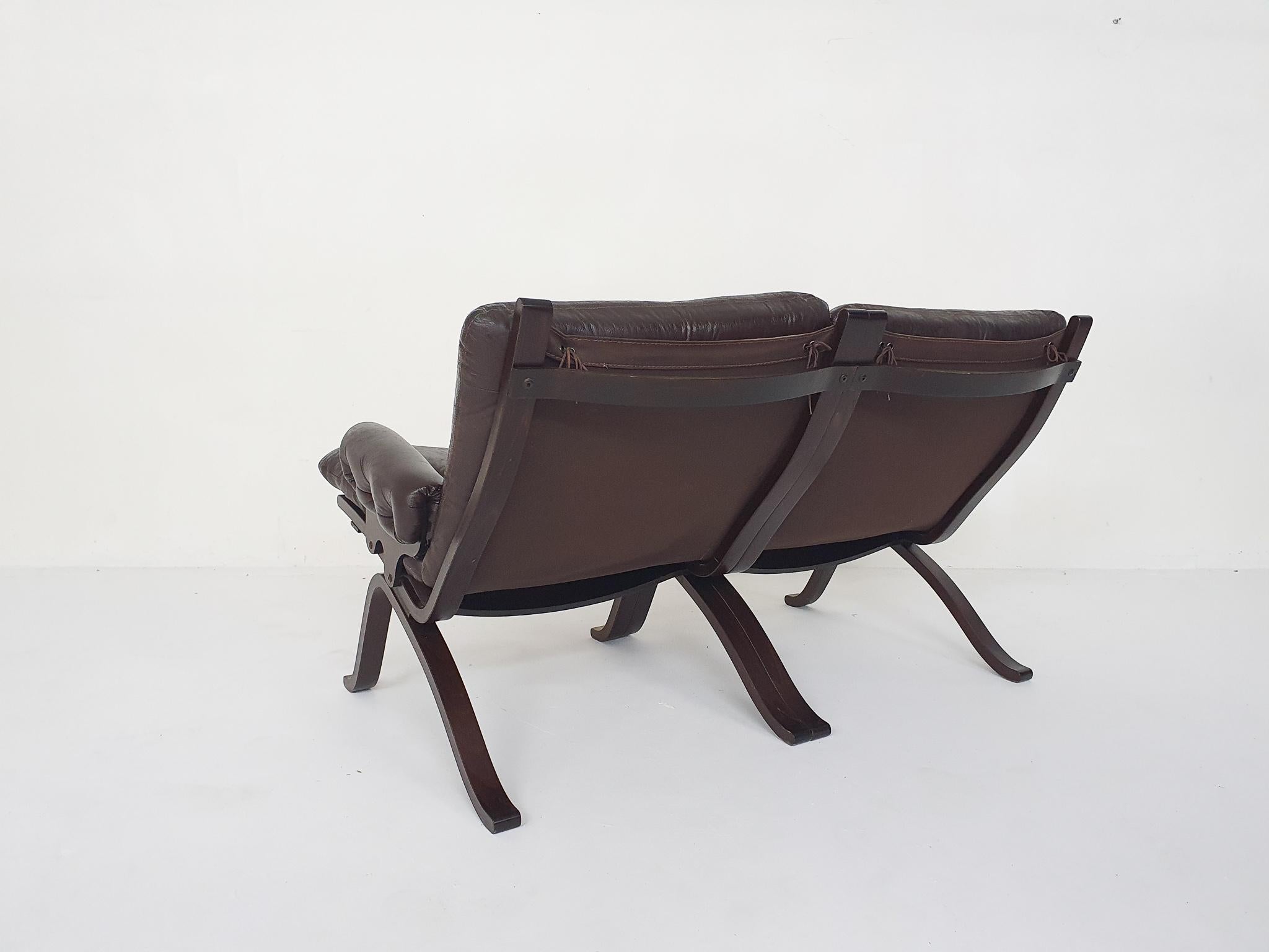 Late 20th Century Brown Leather Two-Seater Sofa, Norway 1970's For Sale