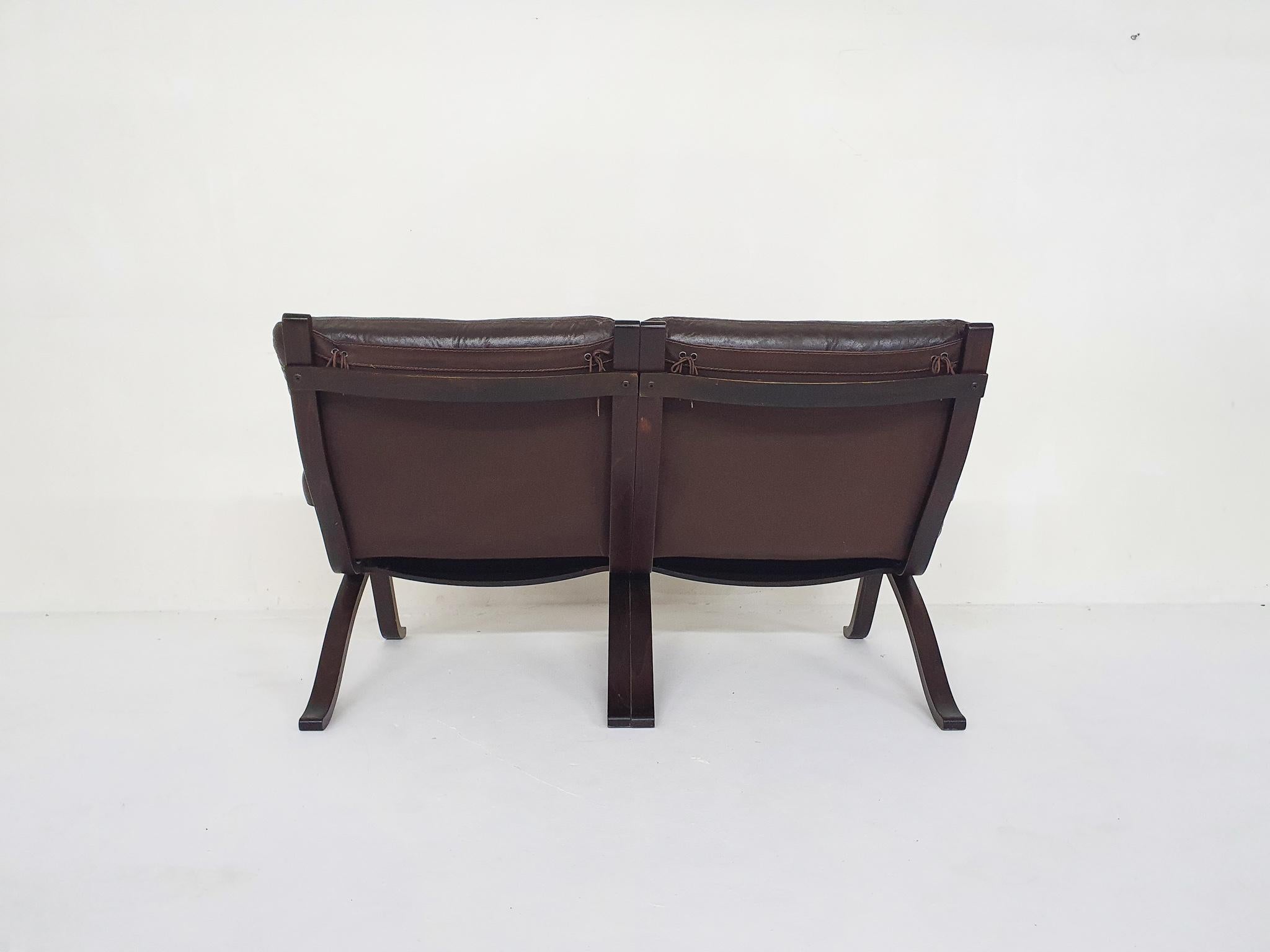 Brown Leather Two-Seater Sofa, Norway 1970's For Sale 1