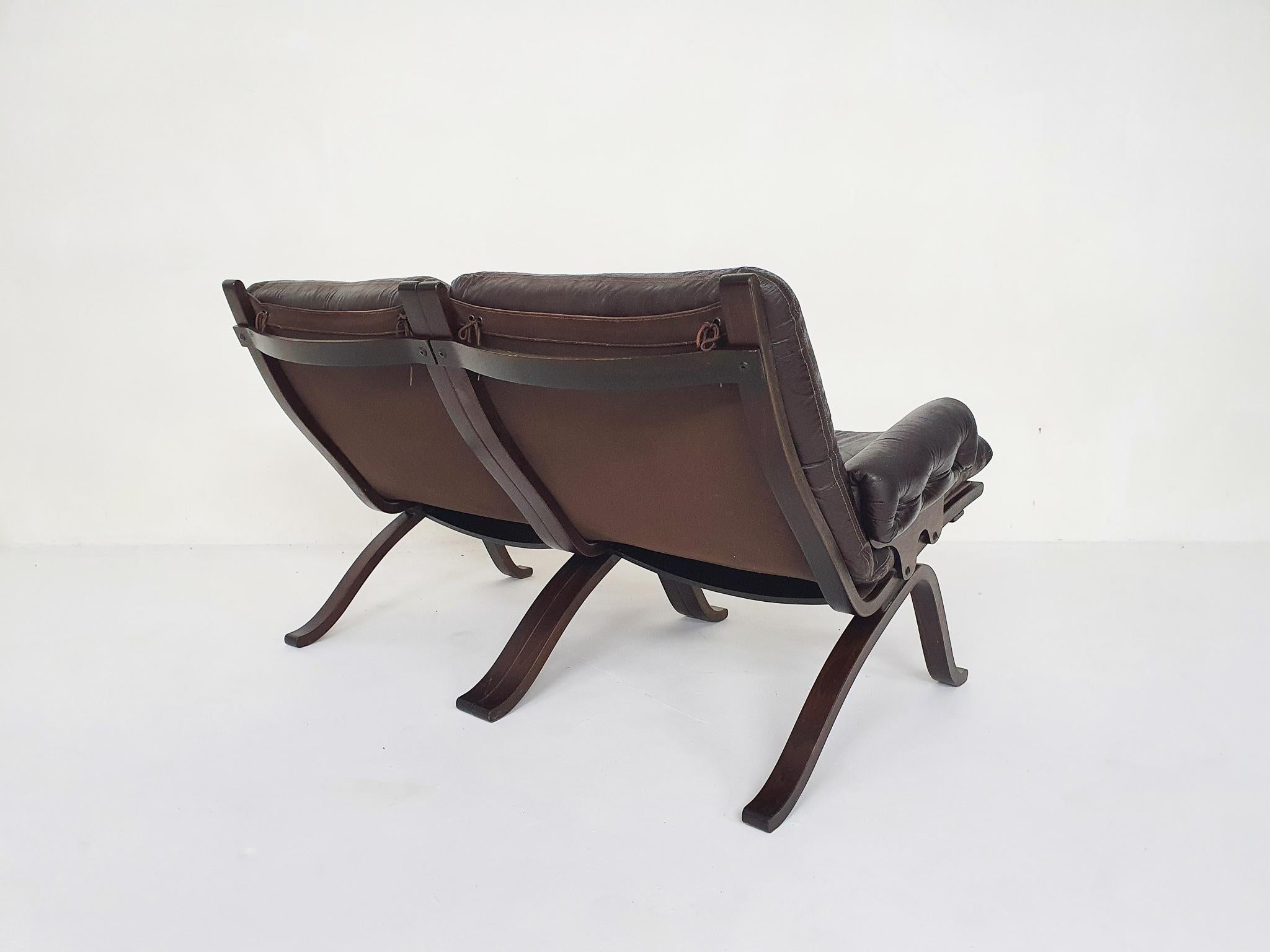 Brown Leather Two-Seater Sofa, Norway 1970's For Sale 2