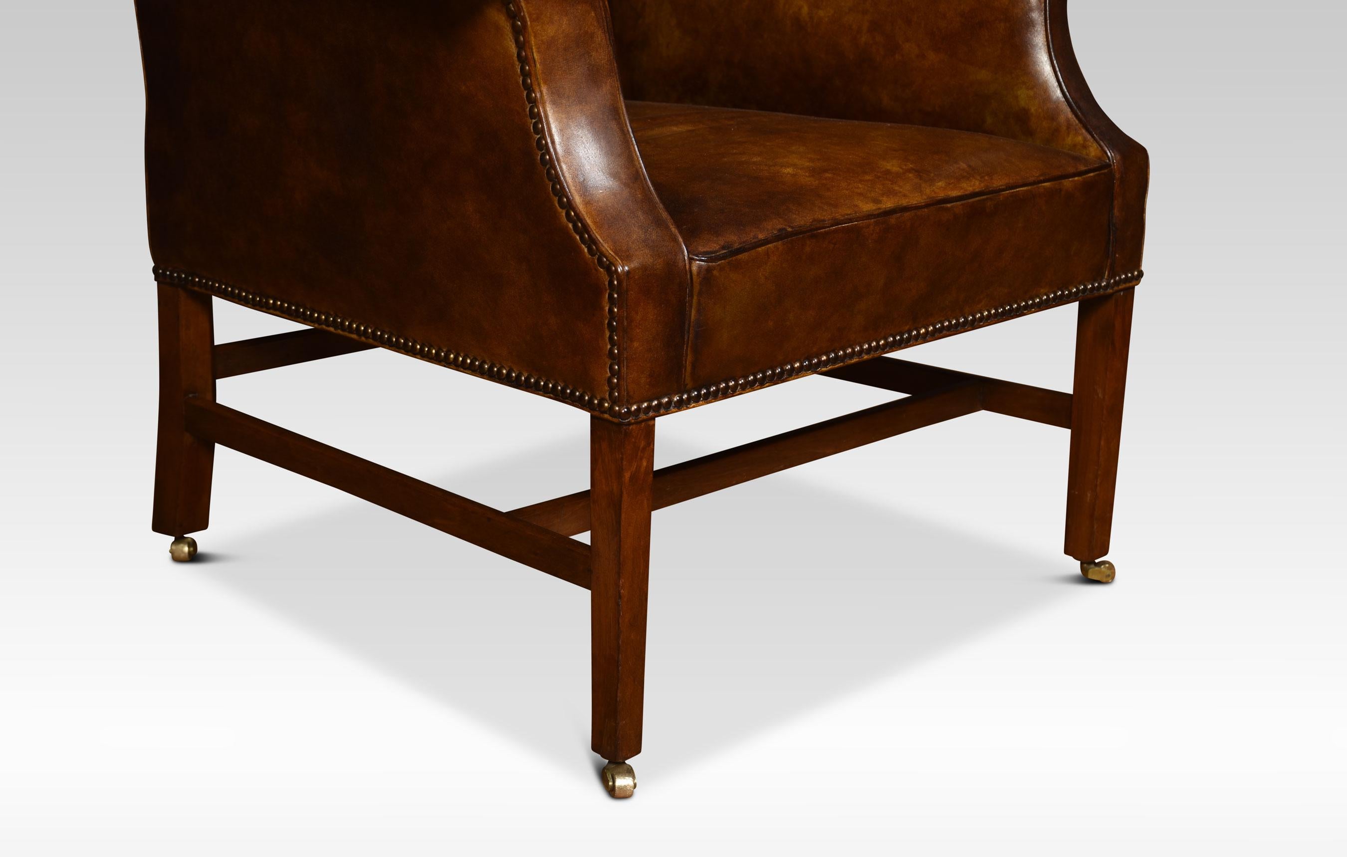 British Brown Leather Upholstered Wingback Armchair