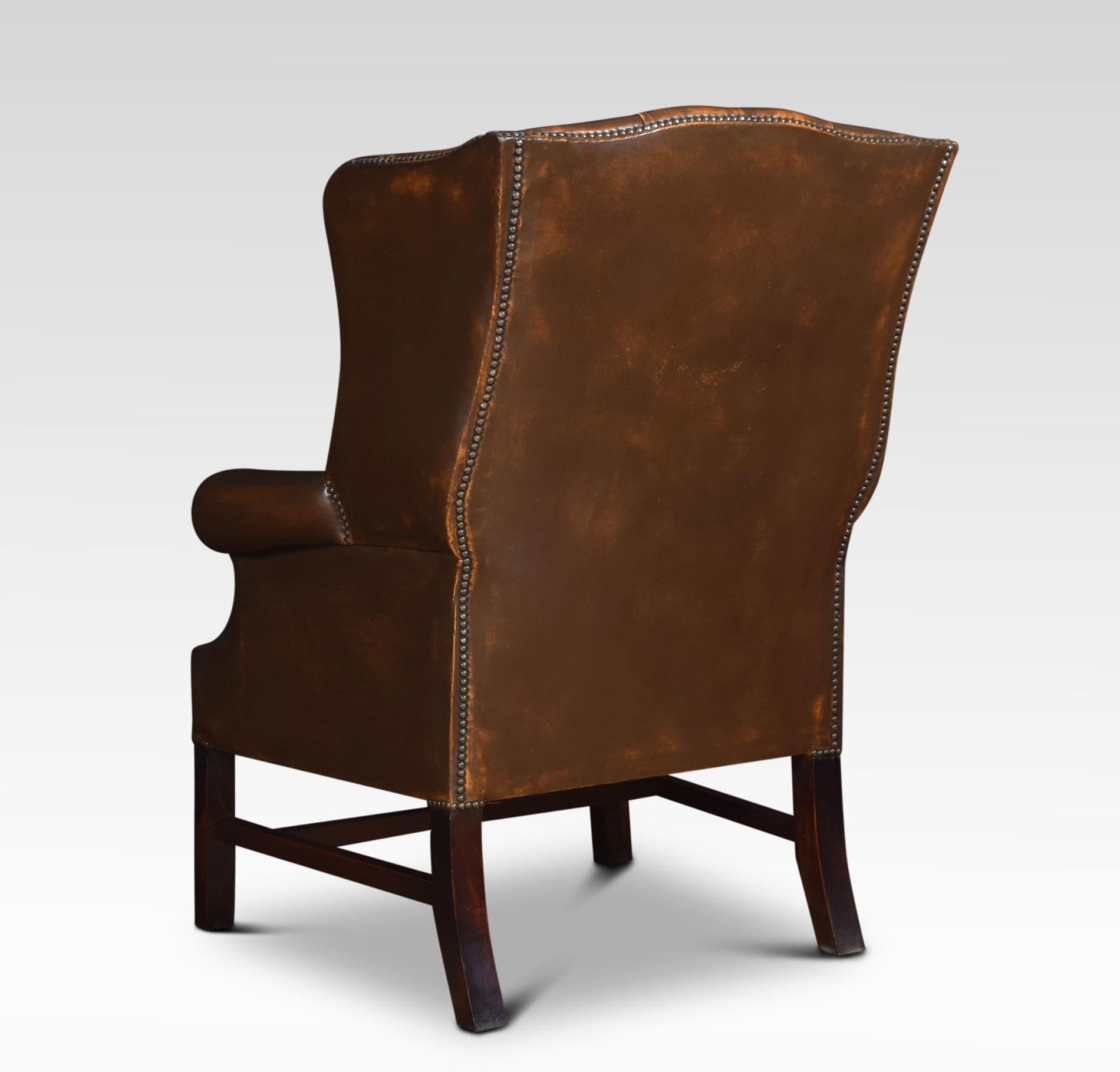 British Brown Leather Upholstered Wingback Armchair For Sale