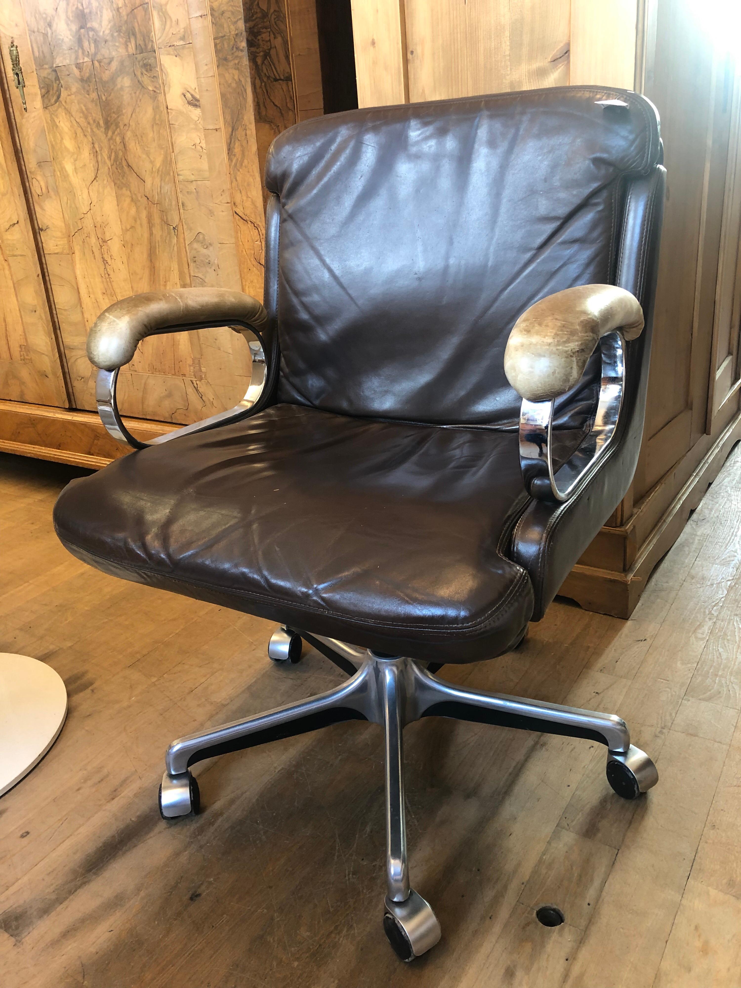 Brown Leather Used Swivel Chair by Züco Design / Zueco, Switzerland (Schweizerisch)