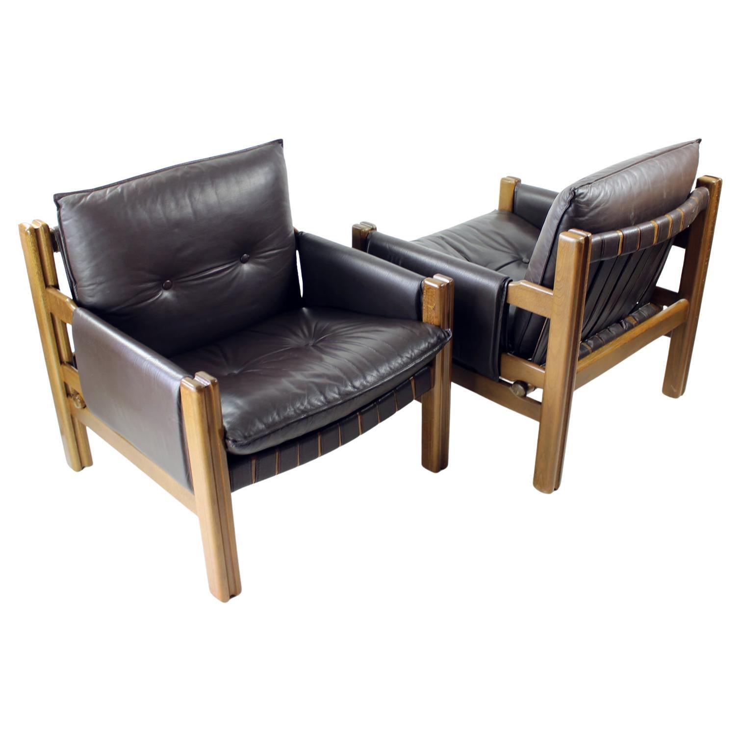 Pair Of Walnut And Leather Lounge Chairs By Boris Hála For Ton, 1990s