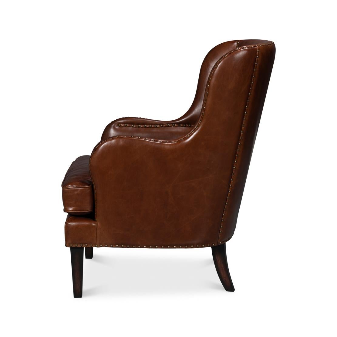 American Classical Brown Leather Wing Chair For Sale