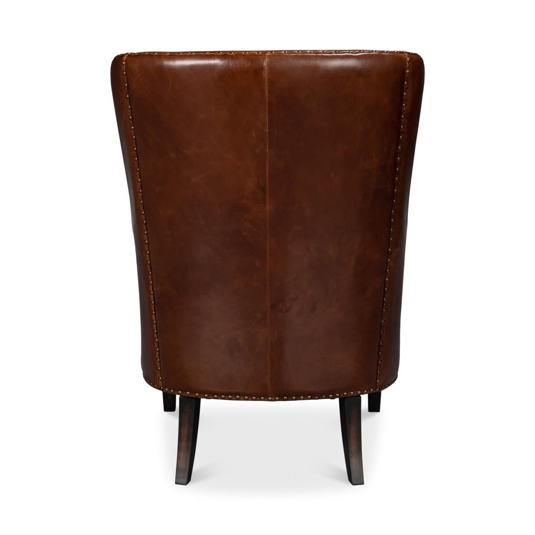 Asian Brown Leather Wing Chair For Sale