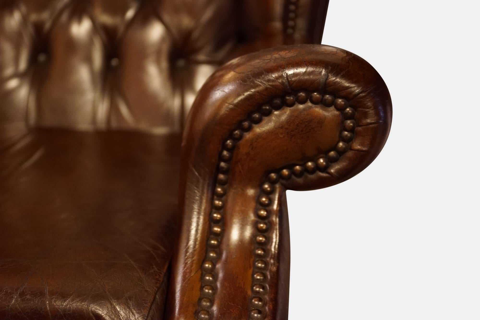 20th Century Brown Leather Wing Chair