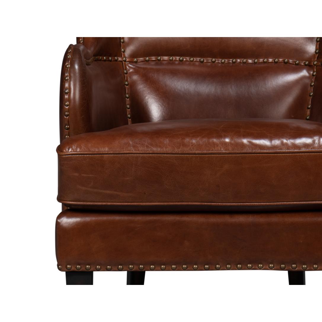 Contemporary Brown Leather Wing Chair For Sale