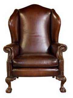 Brown Leather Wing Chair on Ball and Claw Legs, circa 1960