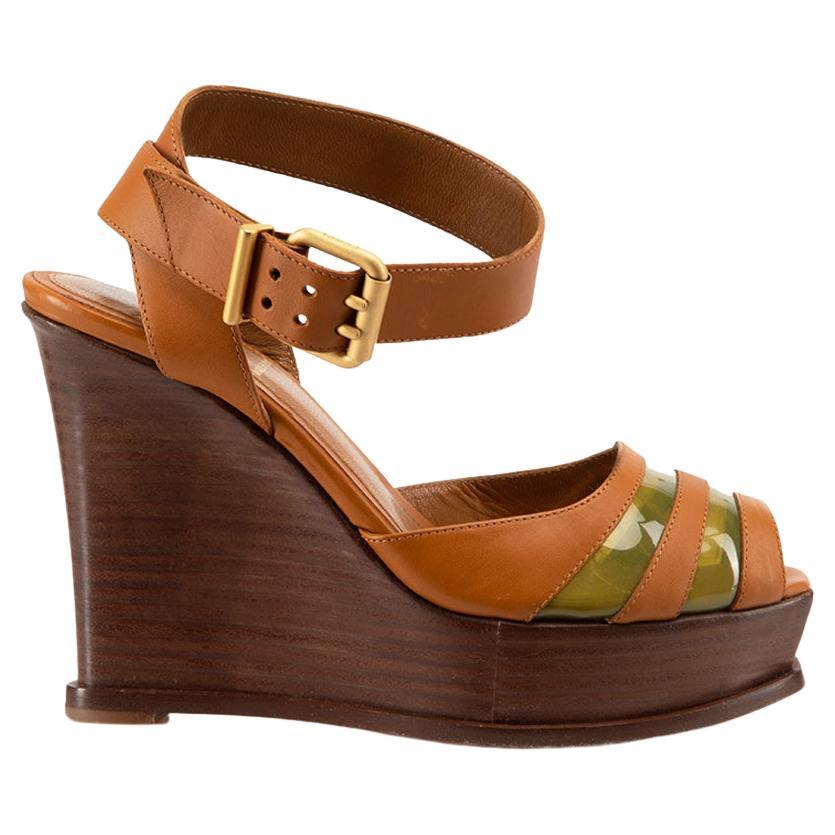 Brown Leather Wooden Wedge Sandals Size IT 38 For Sale