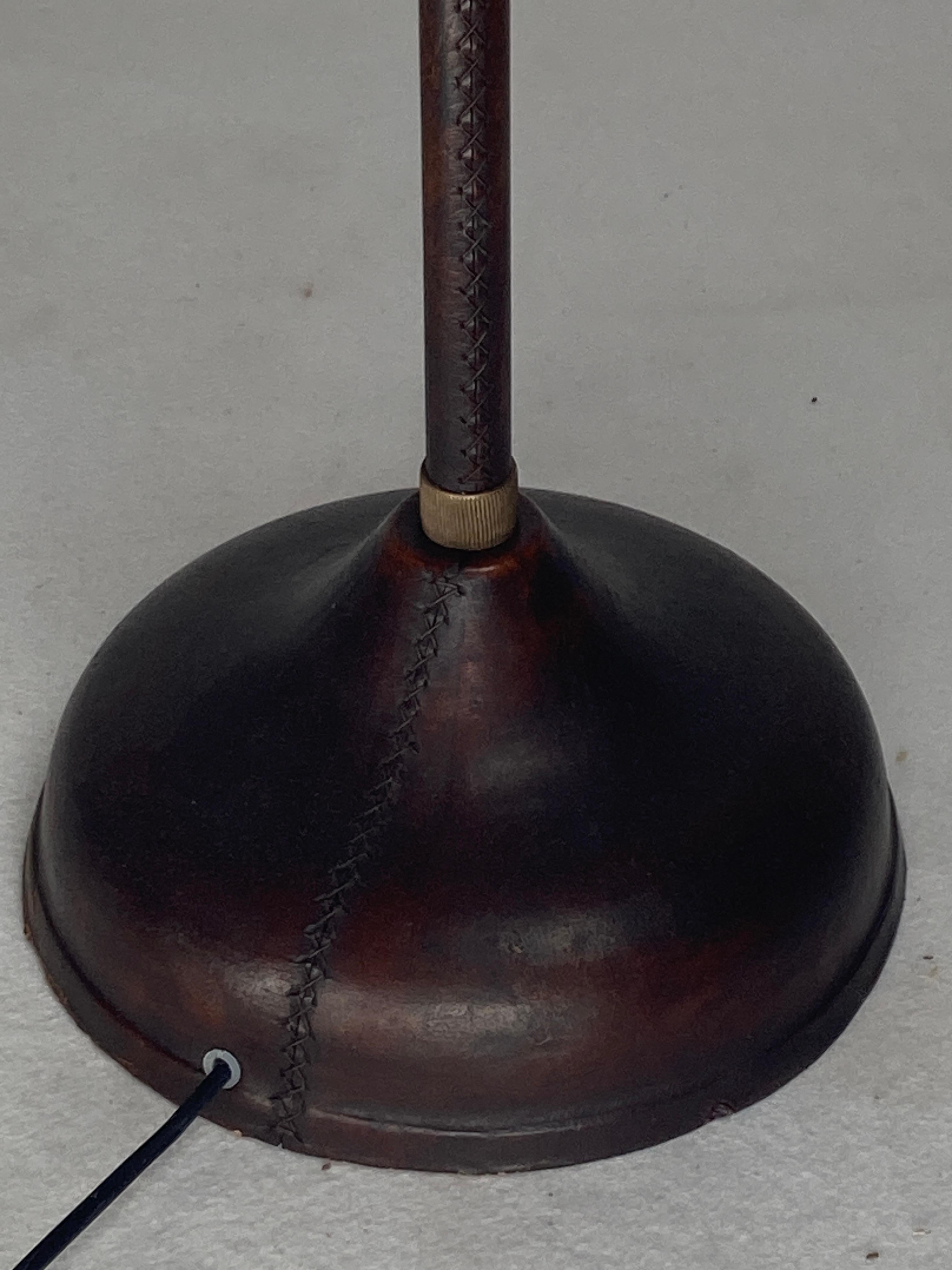 Brass Brown leather wrapped and stitched floor lamp, 1970s