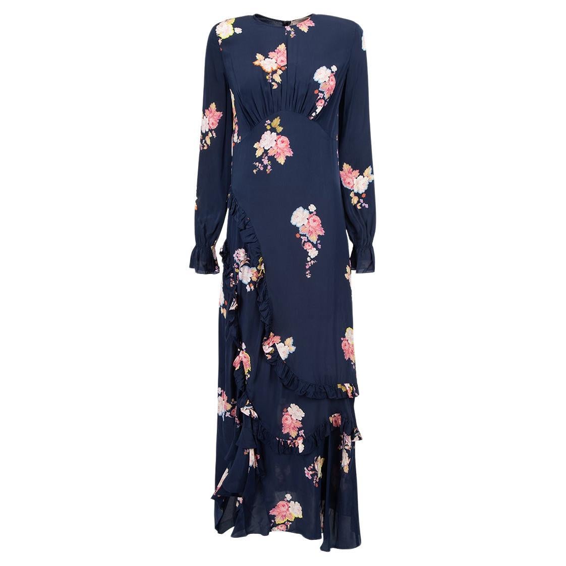 Preen Line Navy Floral Print Ruffles Accent Maxi Dress Size XS For Sale