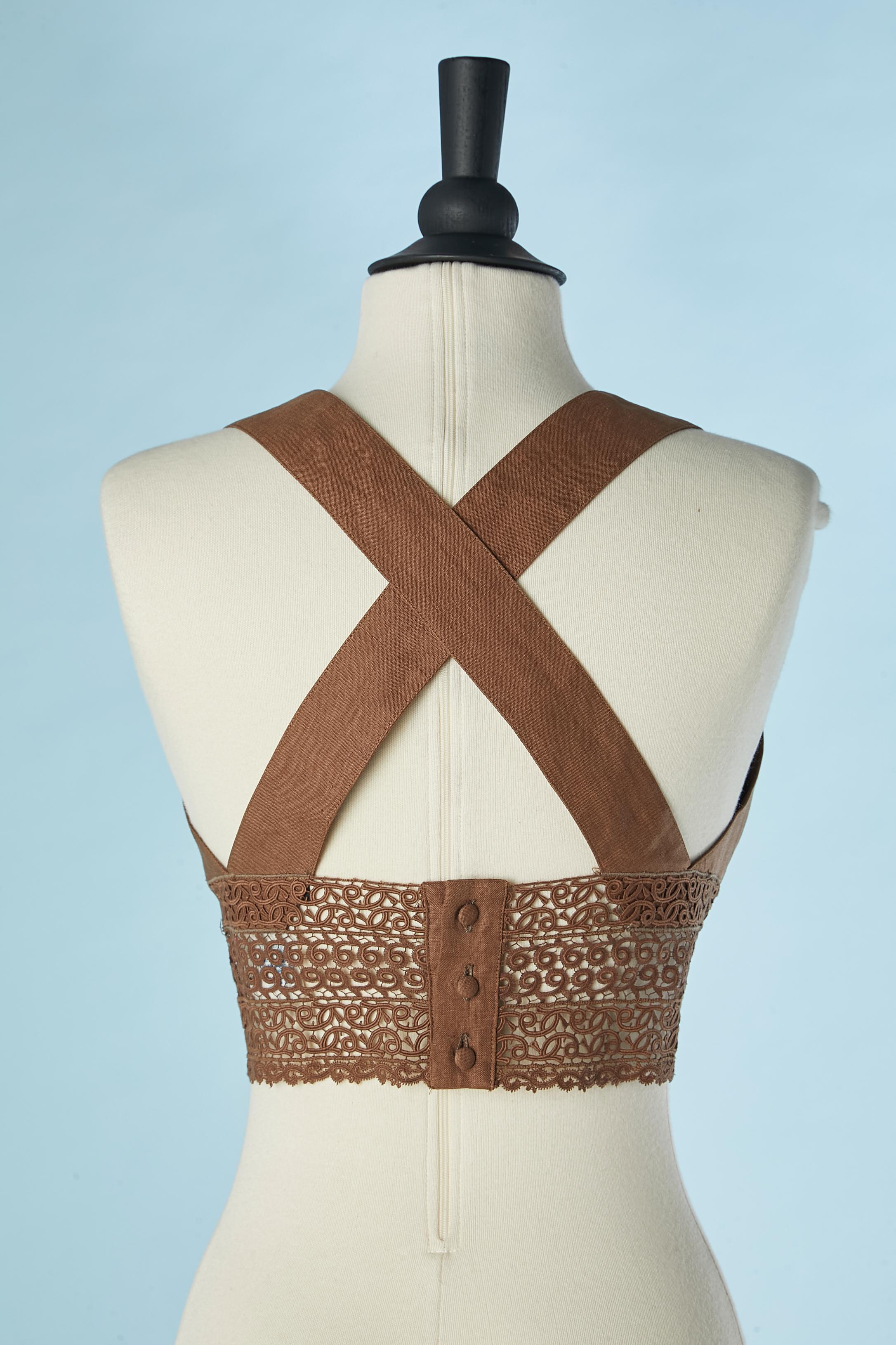 Brown linen and lace bra and boléro ensemble Lolita Lempicka Circa 1990's  For Sale 2