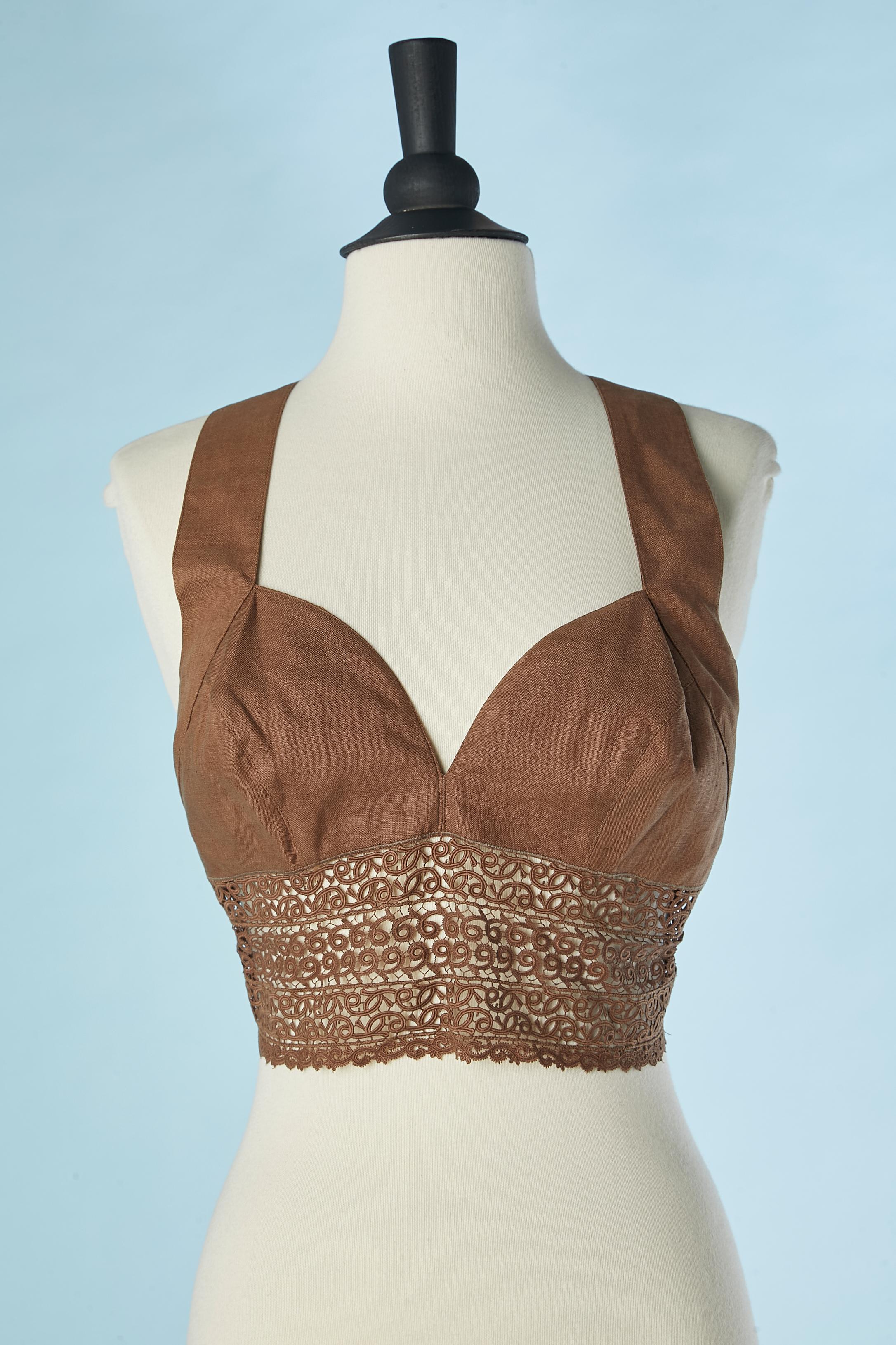 Brown linen and lace bra and boléro ensemble Lolita Lempicka Circa 1990's  For Sale 4