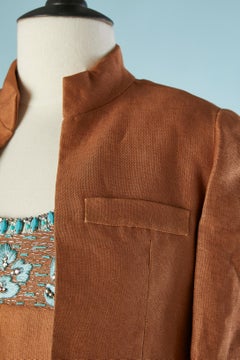 Brown linen and silk jacket and dress cocktail ensemble Paola Giorgiani 1960's