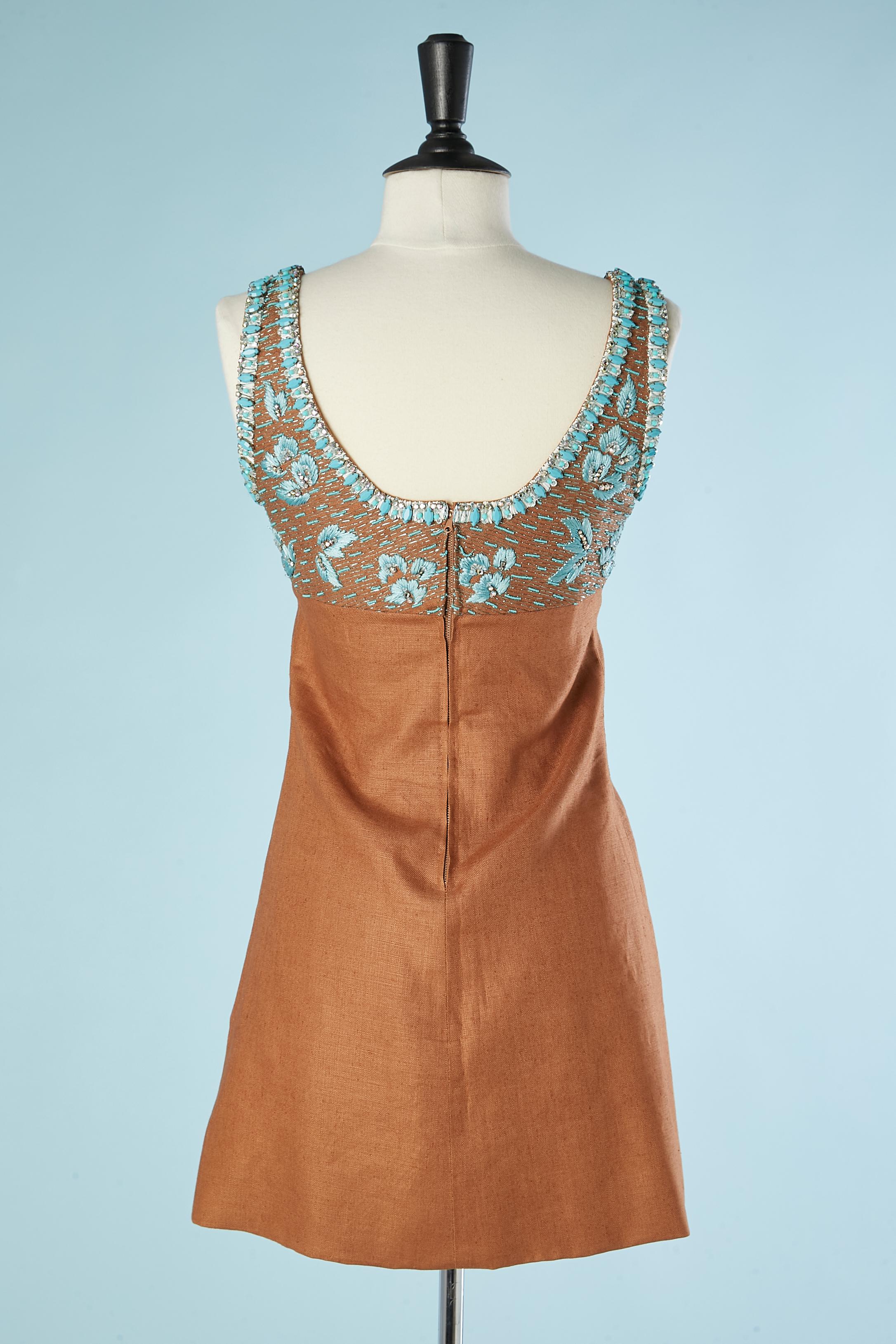 Brown linen and silk jacket and dress cocktail ensemble Paola Giorgiani 1960's For Sale 3