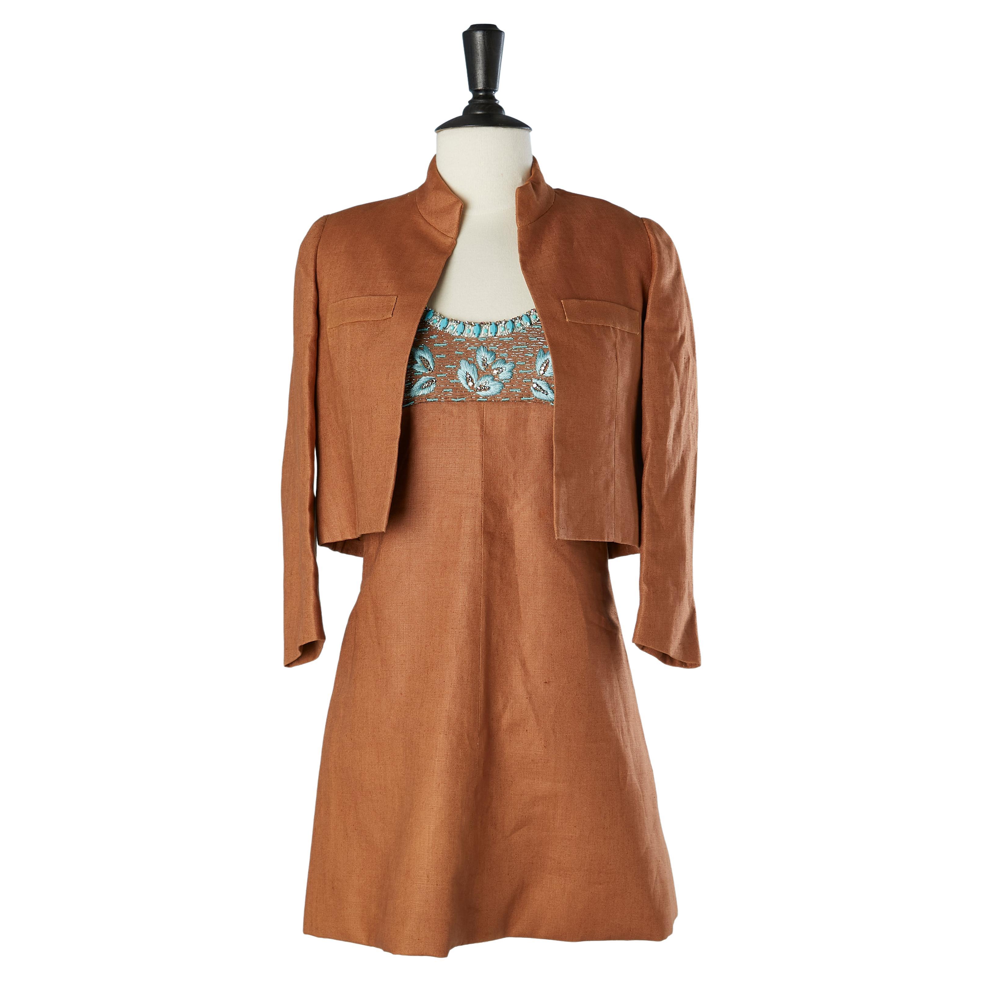 Brown linen and silk jacket and dress cocktail ensemble Paola Giorgiani 1960's For Sale