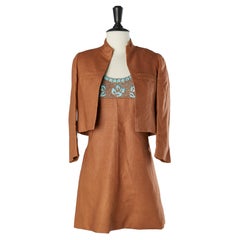 Brown linen and silk jacket and dress cocktail ensemble Paola Giorgiani 1960's
