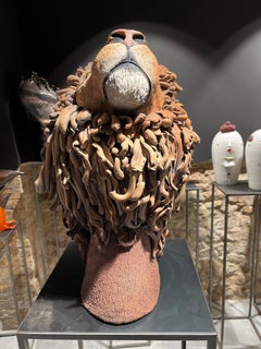 Brown Lion Ceramic Sculpture Centerpiece, Completely Handmade Without Mold. 2023