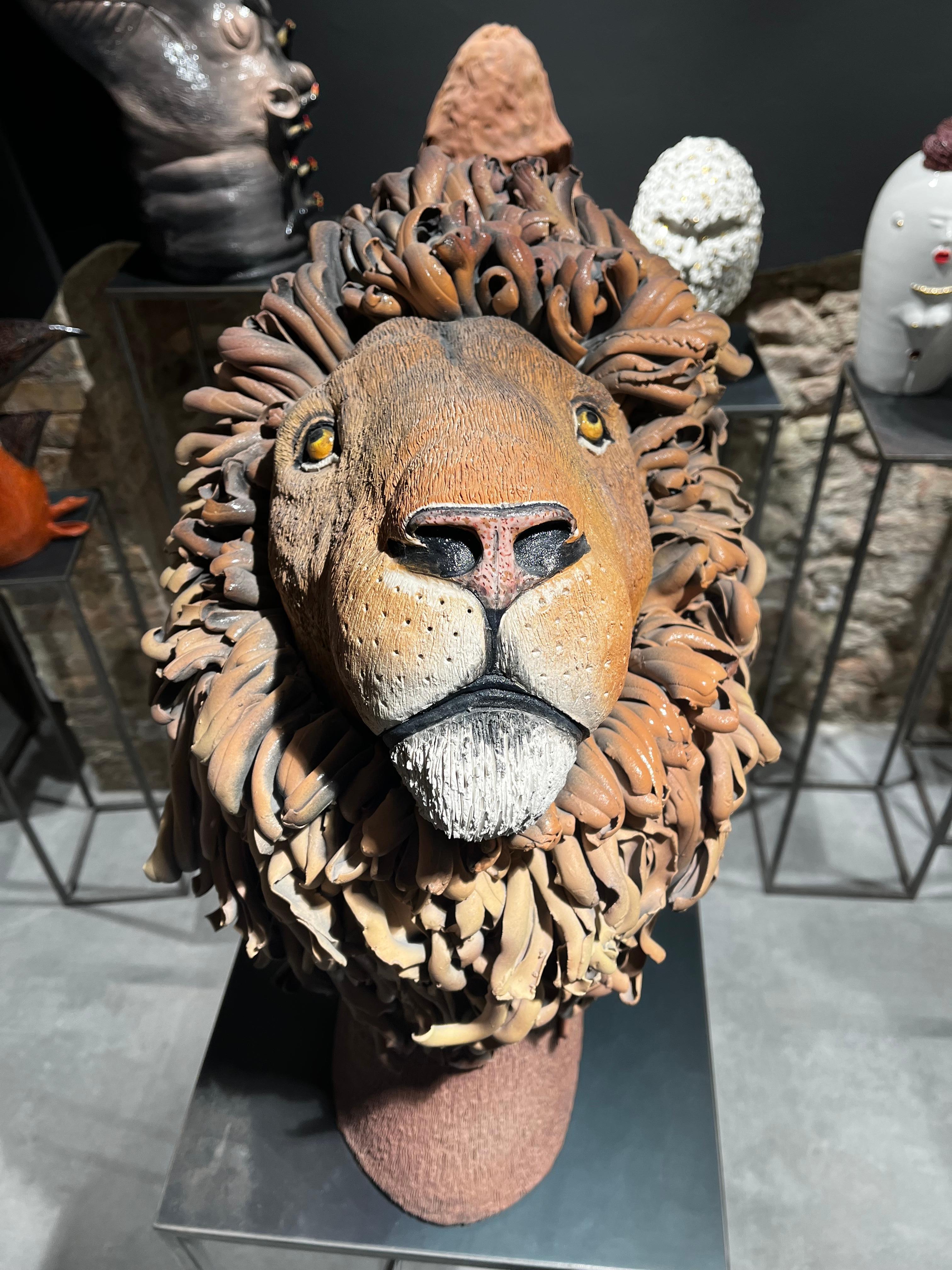 Modern Brown Lion Ceramic Sculpture Centerpiece, Completely Handmade Without Mold. 2023 For Sale