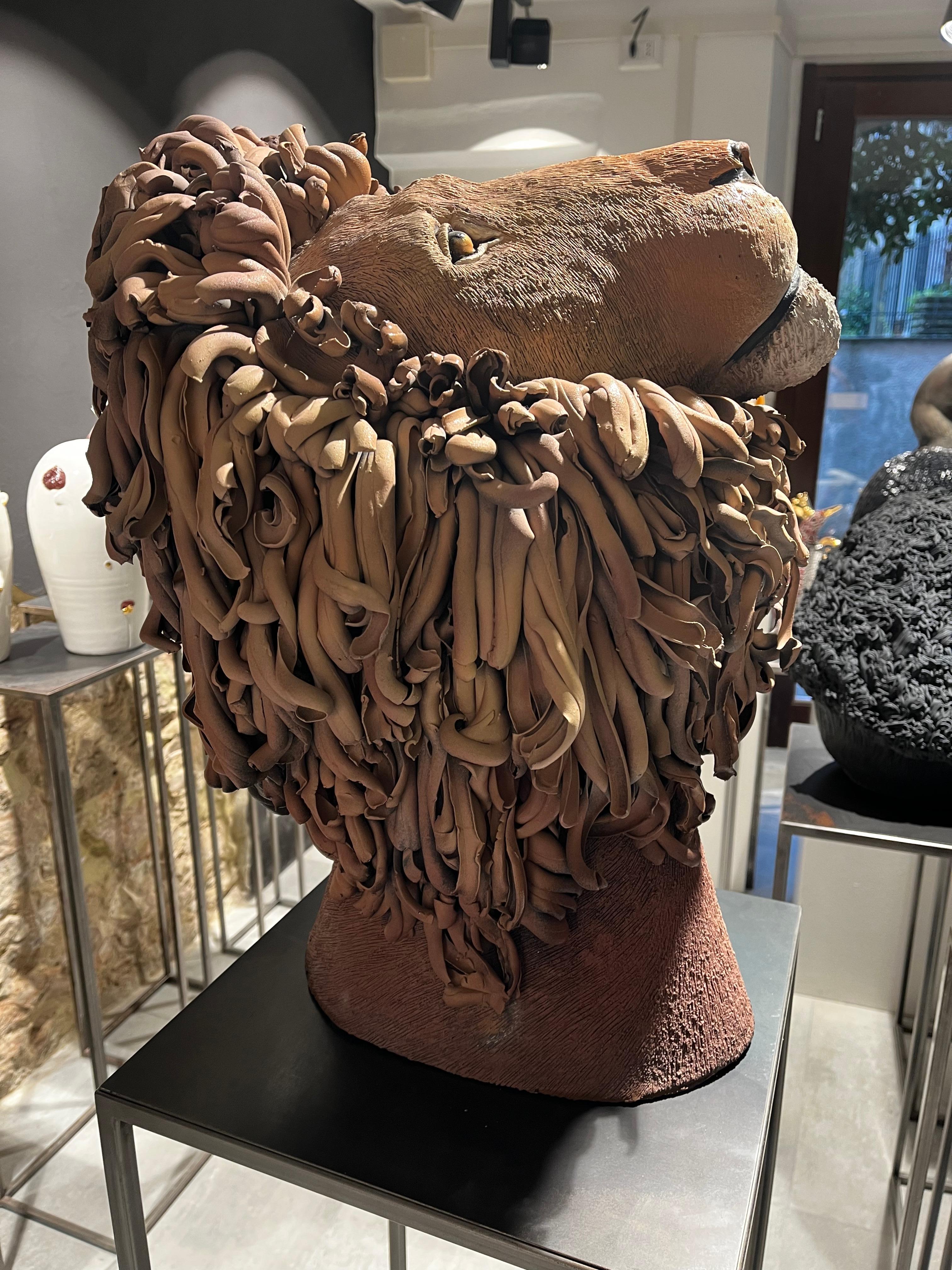 Italian Brown Lion Ceramic Sculpture Centerpiece, Completely Handmade Without Mold. 2023 For Sale