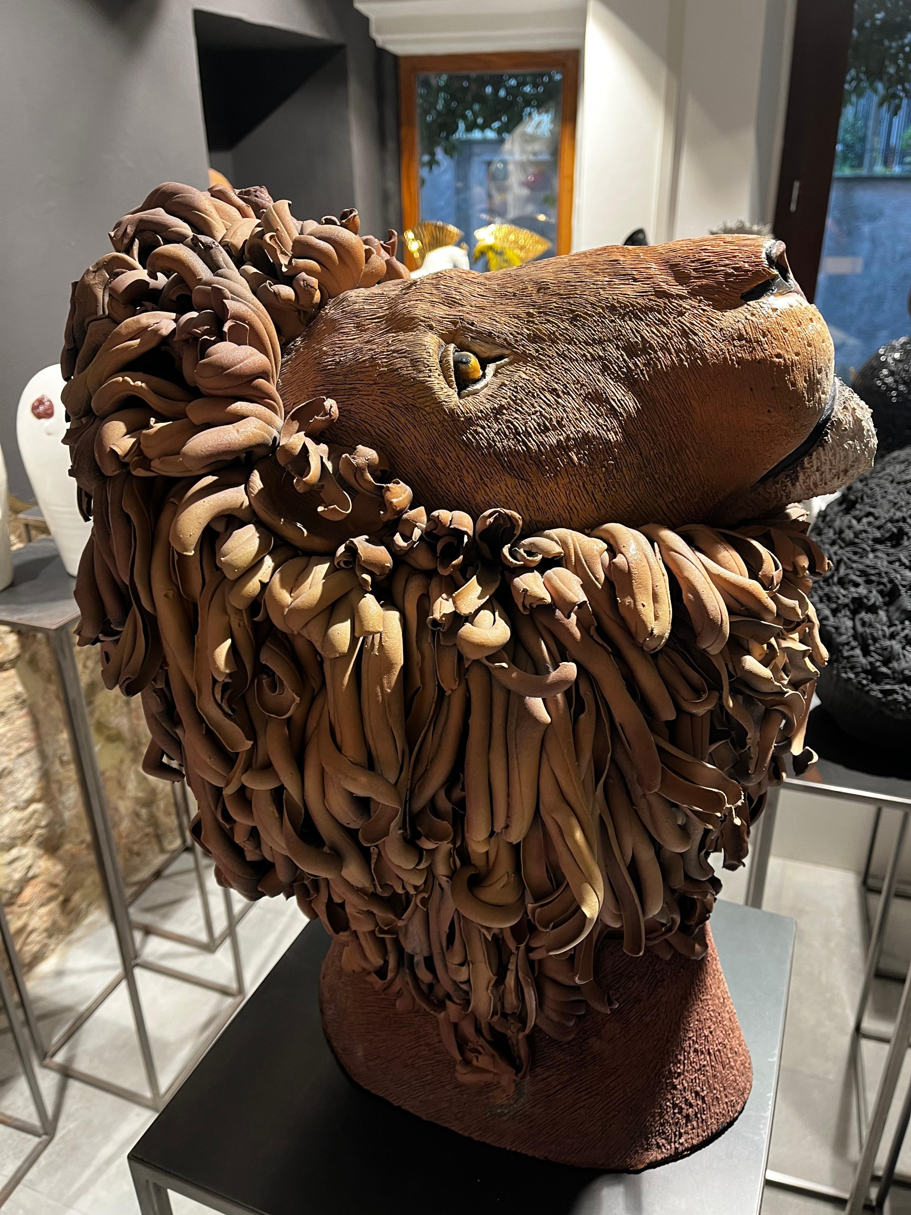 Hand-Crafted Brown Lion Ceramic Sculpture Centerpiece, Completely Handmade Without Mold. 2023 For Sale