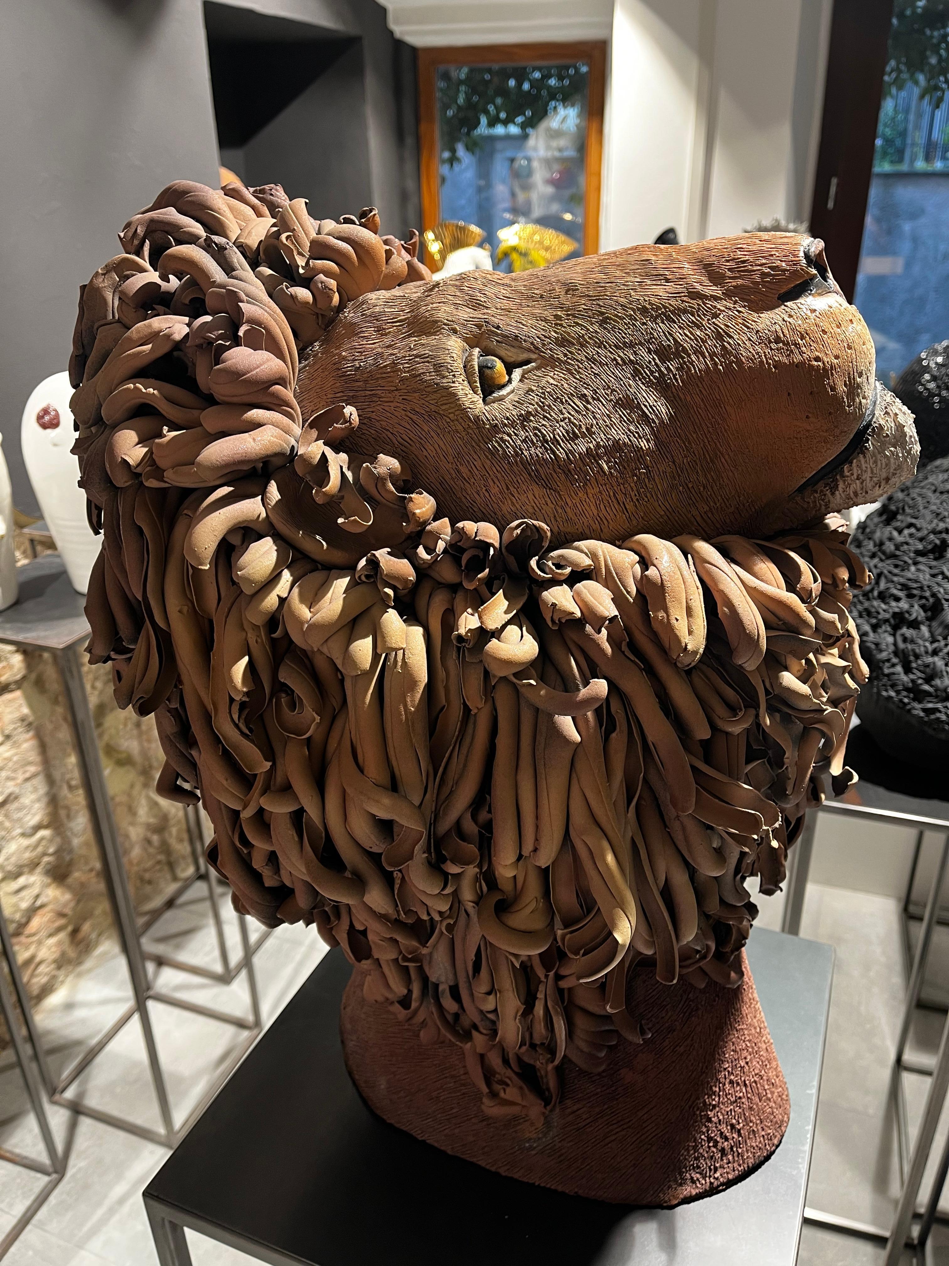 Brown Lion Ceramic Sculpture Centerpiece, Completely Handmade Without Mold. 2023 In New Condition For Sale In San Miniato PI, IT