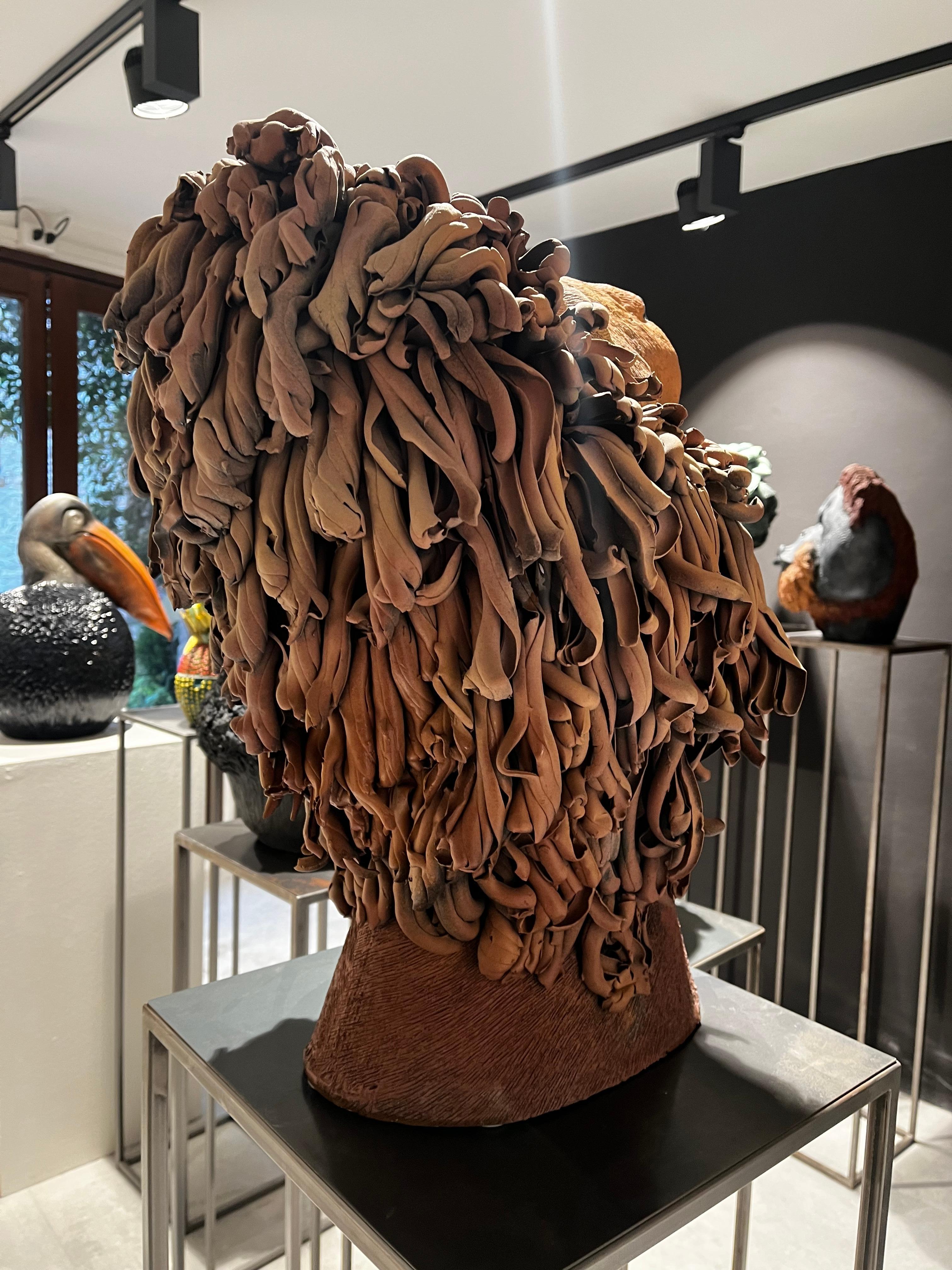 Contemporary Brown Lion Ceramic Sculpture Centerpiece, Completely Handmade Without Mold. 2023 For Sale