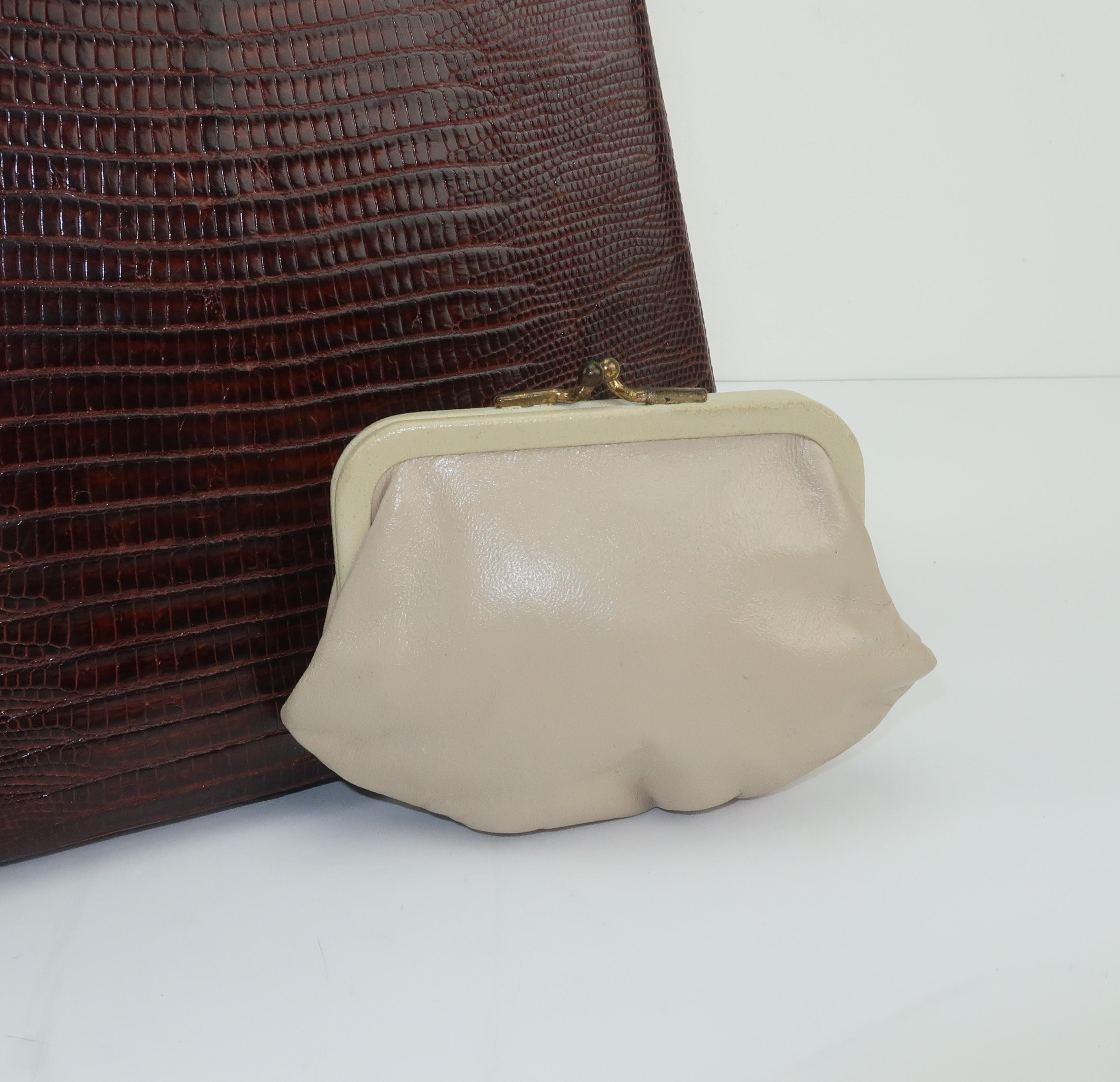 Brown Lizard Skin Top Handle Handbag With Unique Silhouette, 1950's 4