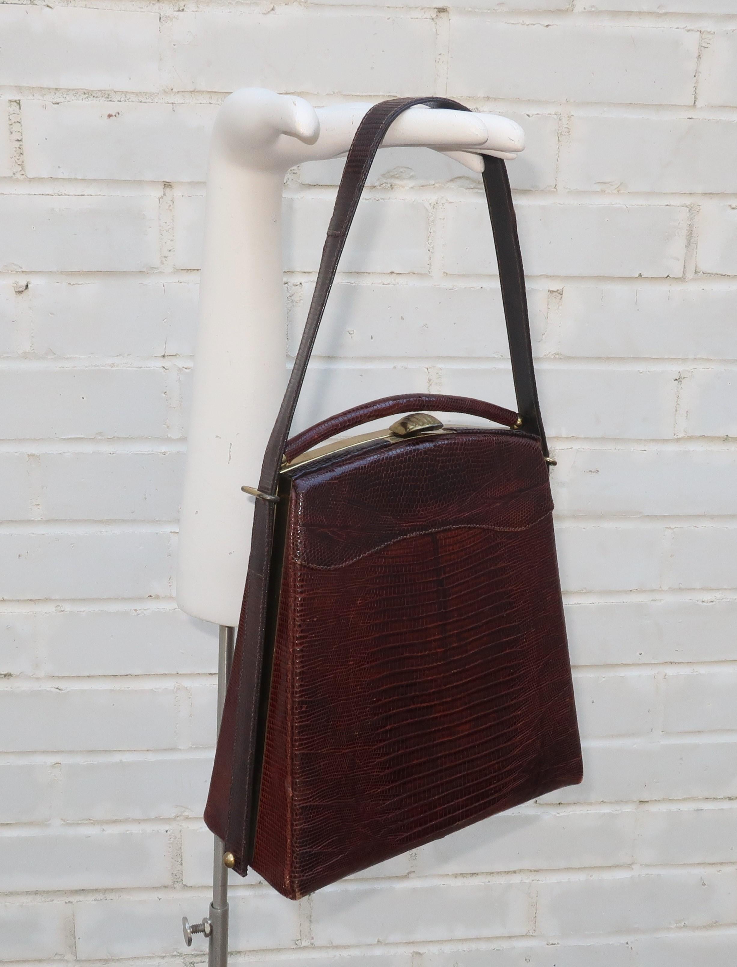 Brown Lizard Skin Top Handle Handbag With Unique Silhouette, 1950's 5