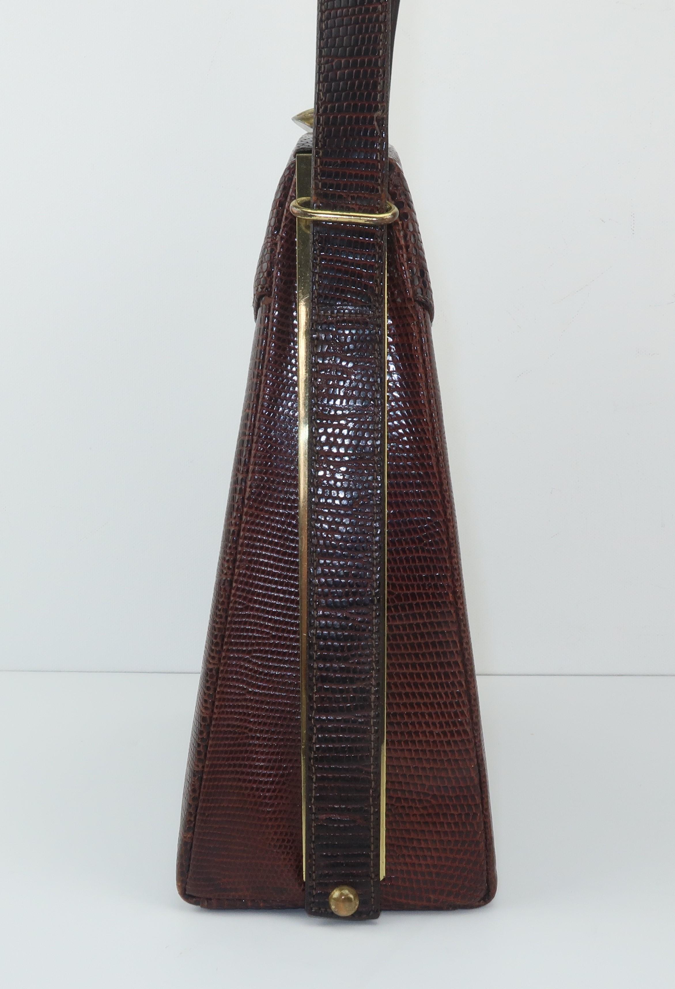 Black Brown Lizard Skin Top Handle Handbag With Unique Silhouette, 1950's