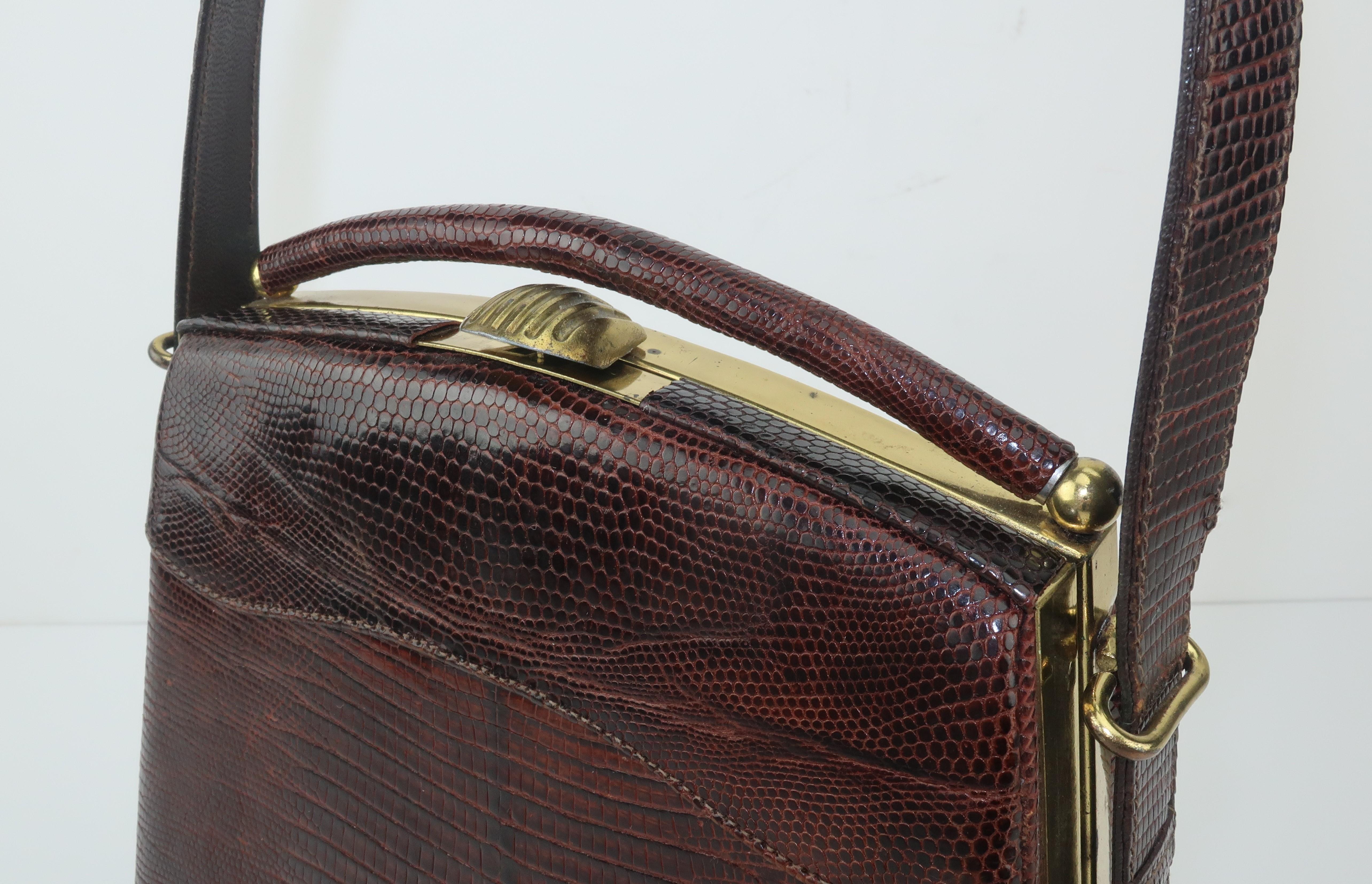 Women's Brown Lizard Skin Top Handle Handbag With Unique Silhouette, 1950's