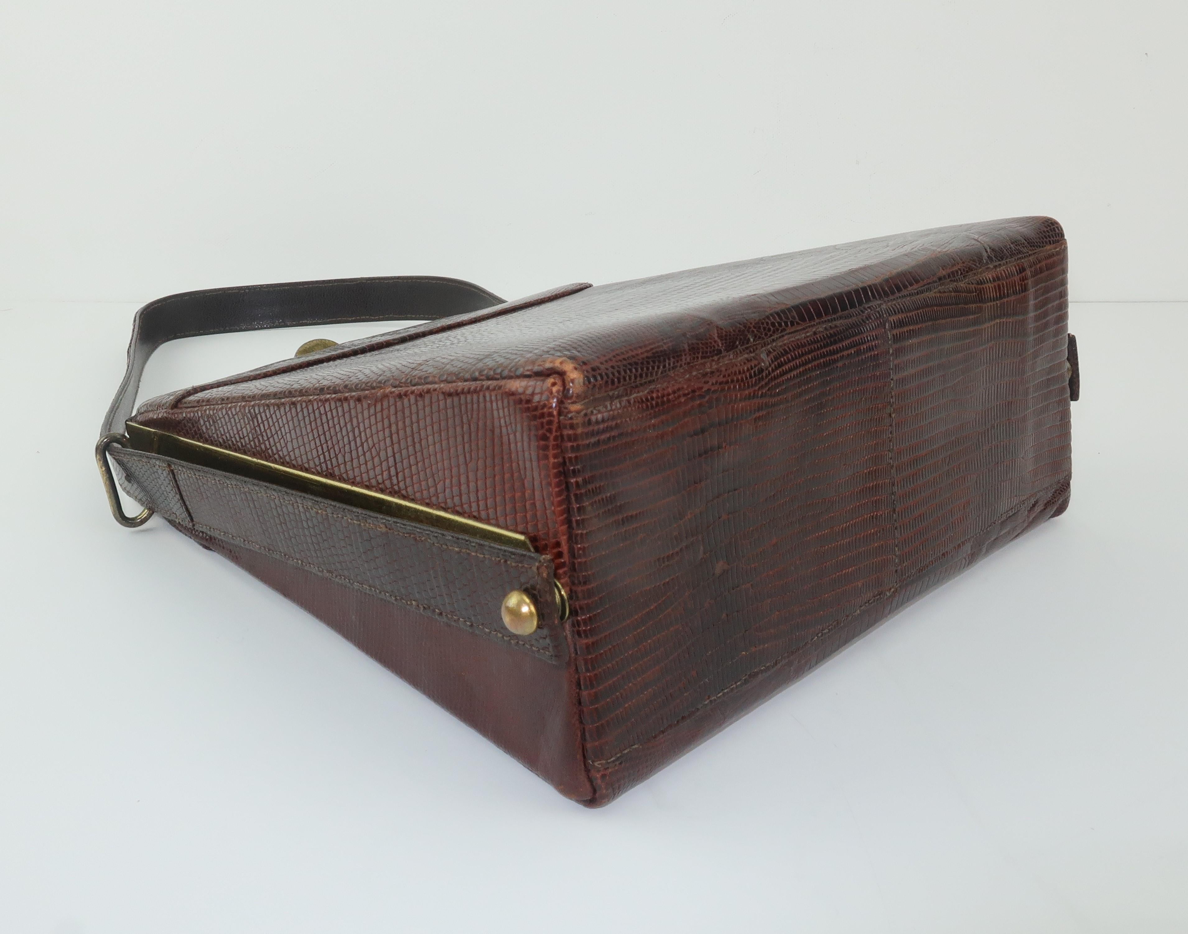 Brown Lizard Skin Top Handle Handbag With Unique Silhouette, 1950's 1